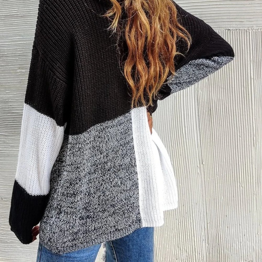 Long Sleeve Colorblock Knit Pullover Sweater Black, Gray, White - Picture 3 of 12